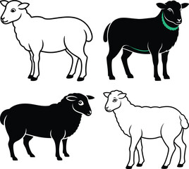 4 set sheep silhouette vector art illustration
