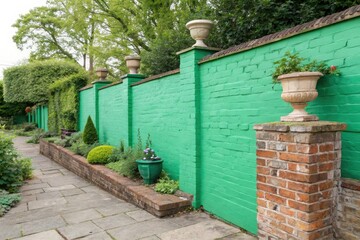 Naklejka premium Brick wall with green paint and garden ornaments, nature, floral, ornaments, outdoors