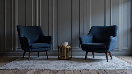 Navy blue fabric armchairs with dark brown wood legs flank each other, resting elegantly on a chic gray and white rug, exuding timeless elegance in any space.  