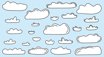 White clouds of different shapes and sizes in doodle style. Hand drawn clouds on a blue background. Vector illustration. Vector 