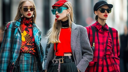 Obraz premium Street Style: Three Fashionable Models in Vibrant Outfits