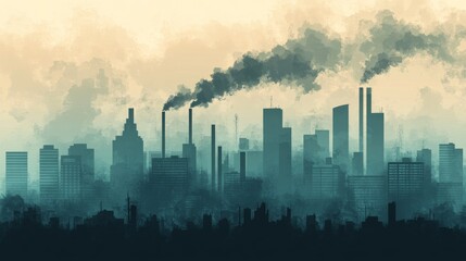Fototapeta premium Urban Cityscape with Pollution and Smokestacks Silhouetted at Dusk