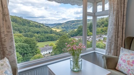 Valley view from bay window, flowers on table, houses below, relaxing scene