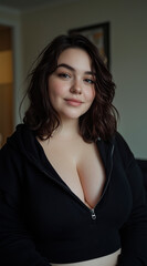 Naklejka premium Attractive young British woman dressed in a trendy black hoodie. She has a slightly plump figure, showing off her curves in a tight suit that accentuates her chest.