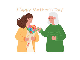 Woman giving bouquet of flowers to her elderly mother. Two generations celebrate happy mother's day together