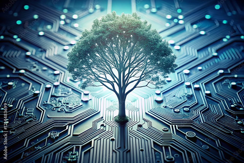 Poster minimalist digital tree growing from microchip: circuitry branches