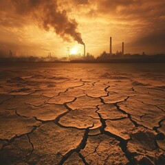 Industrial Landscape with Smoke, Cracked Earth, and Dramatic Sunset