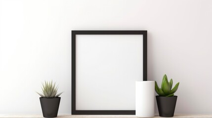 Black Square Frame Mockup with Home Decor, Succulent and Cactus Plants on White Shelf and Wall. Blank Space for Lamp