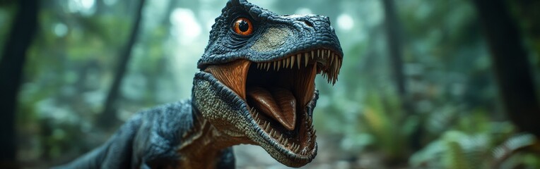 A roaring T-Rex in a forest, merging prehistoric power with nature's vibrancy. Great for entertainment, educational, or adventurous themes.