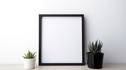 Black Square Frame Mockup with Home Decor and Plants. White Shelf and Wall in Background with Blank Copy Space for Design