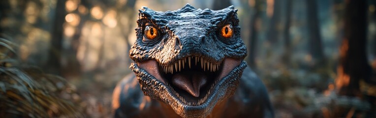 A roaring T-Rex in a forest, merging prehistoric power with nature's vibrancy. Great for entertainment, educational, or adventurous themes.