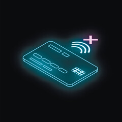 Credit card with neon light effect making a contactless payment transaction
