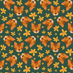 Obraz premium Seamless pattern with tiger head surrounded by delicate yellow tropical flowers. Wild cat theme with a cheerful, vibrant jungle vibe. Perfect for wrapping, stationary, packaging, textiles, wallpapers.