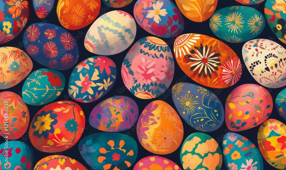 Poster collection of precisely arranged eggs with floral patterns. multicolored easter background.