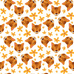 Seamless pattern with tiger head surrounded by delicate yellow tropical flowers. Wild cat theme with a cheerful, vibrant jungle vibe. Perfect for wrapping, stationary, packaging, textiles, wallpapers.