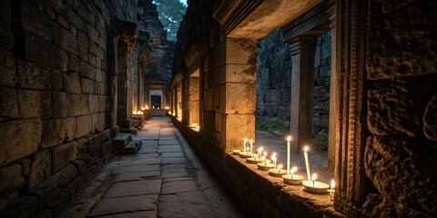 Obraz premium Candles casting flickering silhouettes on stone walls of an abandoned temple, ancient, temple, mysterious