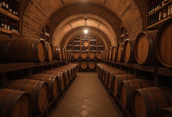 Rustic wine cellar with barrels and brick arches.