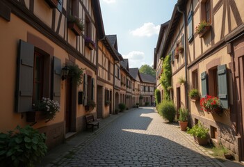 Fototapeta premium Quaint cobblestone street in French village with flowers.