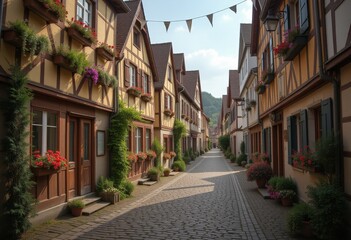 Fototapeta premium Quaint cobblestone street in French village with flowers.