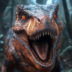 A roaring T-Rex in a forest, merging prehistoric power with nature's vibrancy. Great for entertainment, educational, or adventurous themes.