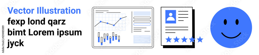 Poster bar and line graphs on a dashboard, a cv with a five-star rating, and a blue smiling face. ideal for