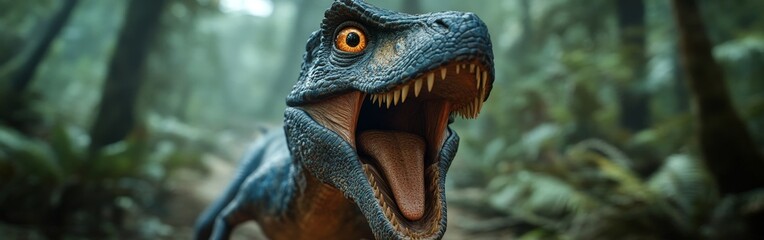 A roaring T-Rex in a forest, merging prehistoric power with nature's vibrancy. Great for entertainment, educational, or adventurous themes.