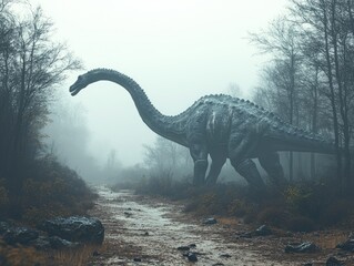 Fototapeta premium Misty Forest Dinosaur; Prehistoric Creature Roaming; Nature Background; Stock Image