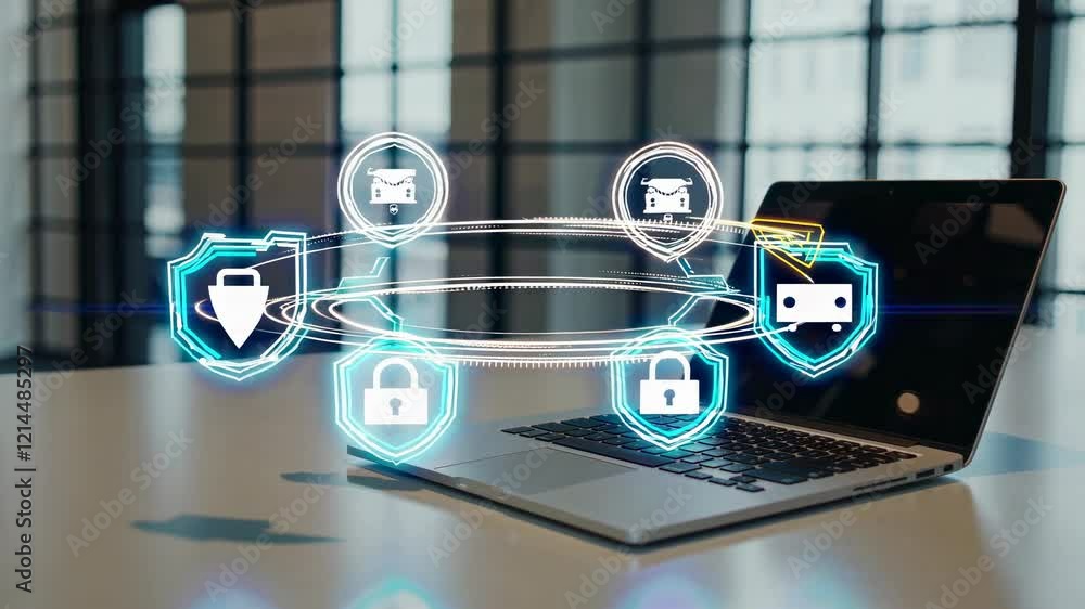 Aufkleber exploring cybersecurity concepts with digital security icons around a laptop in a modern office