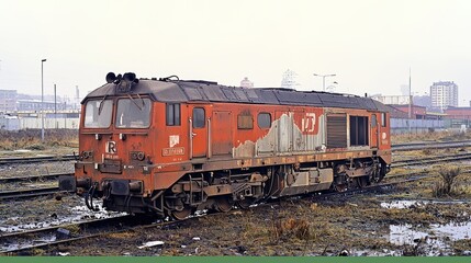 Obraz premium Weathered Red Diesel Locomotive in Industrial Decay