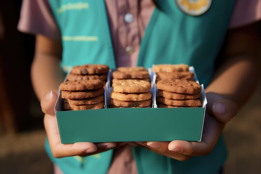 Cadette Girl Scout Holding Boxes of Girl Scout Cookies. Learn Marketing and Money Management
