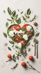 Heart-shaped caprese salad with mozzarella and tomatoes, surrounded by herbs on a white background. Top view, food photography, in the mood for Valentine's Day