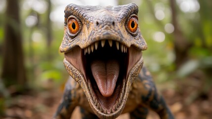 A roaring T-Rex in a forest, merging prehistoric power with nature's vibrancy. Great for entertainment, educational, or adventurous themes.