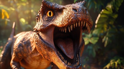 A roaring T-Rex in a forest, merging prehistoric power with nature's vibrancy. Great for entertainment, educational, or adventurous themes.