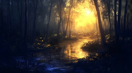 Obraz premium Golden Sunset Forest River Landscape