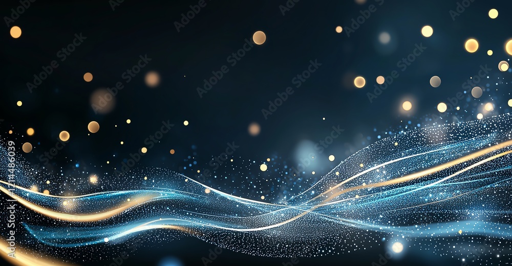 Poster a mesmerizing abstract image with blue and gold waves, shimmering particles, and a dark background, 