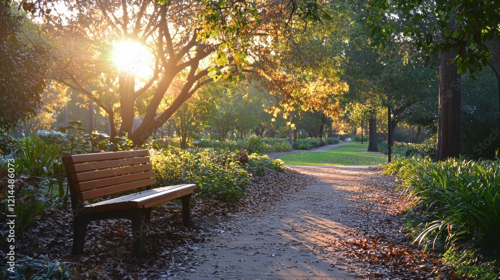 Poster a charming park bench sits quietly along a tree-lined pathway, bathed in golden sunlight filtering t