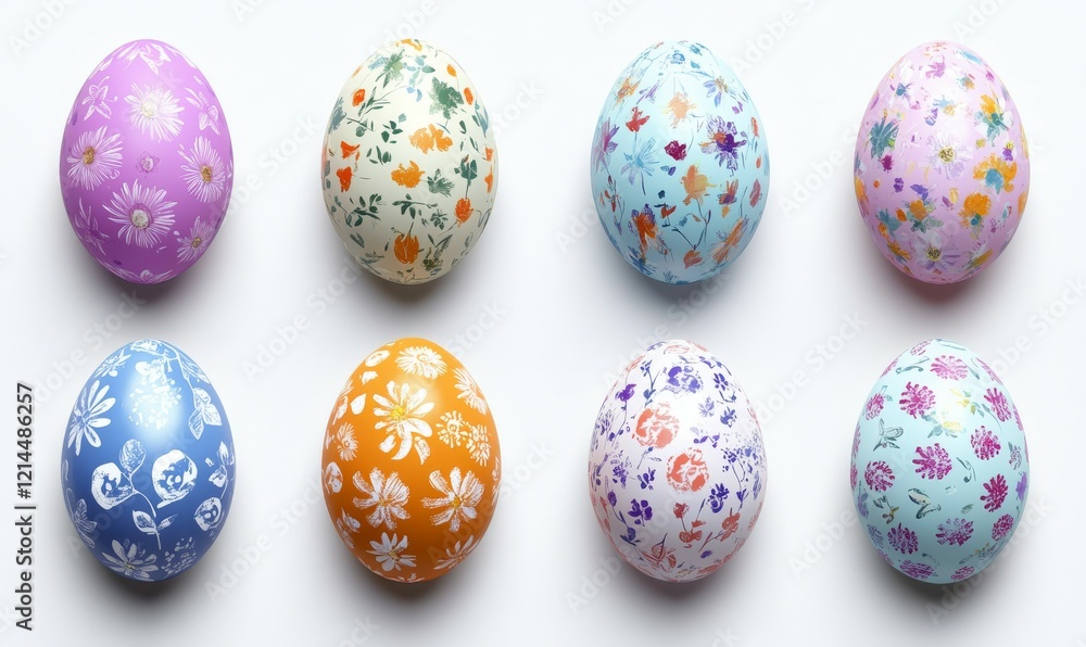 Poster collection of precisely arranged eggs with floral patterns. multicolored easter background.