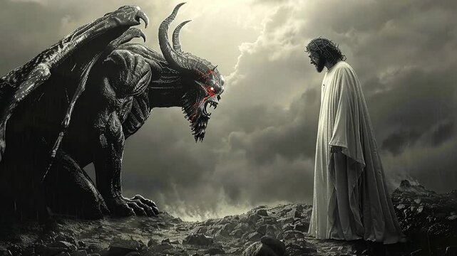 A figure in a flowing white robe stands defiantly against a towering demon with glowing red eyes, surrounded by ominous storm clouds. A powerful standoff unfolds in this dark setting.