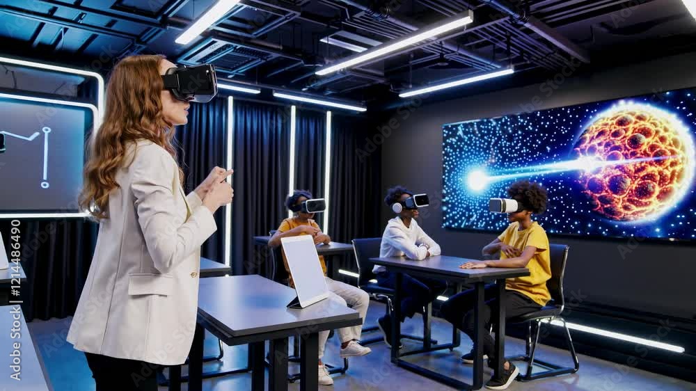 Aufkleber engaging students in virtual reality learning experience in a modern classroom environment