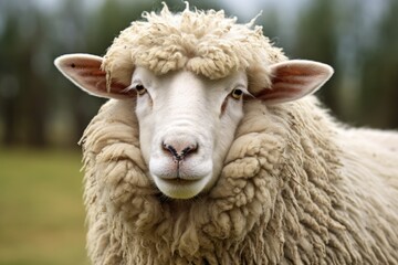 Fototapeta premium Close-up Face of Merino Sheep in Farm. Soft Fur Texture and Calm Expression of this Farm Animal from New Zealand Flock