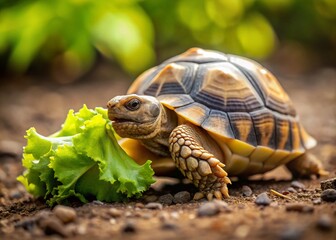 Obraz premium Minimalist Horsefield Tortoise Reaching for Lettuce Leaf - Stock Photo