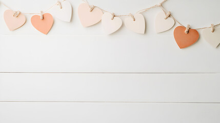 A delicate garland of wooden and leather hearts hanging on a rustic string against a white wooden background, good for romantic decor, wedding invitations, and Valentine's Day themes. Selective focus