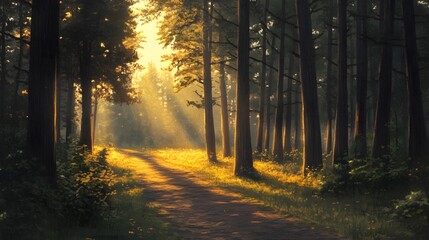 Fototapeta premium Sunlit Forest Path Golden Hour Woods Trail