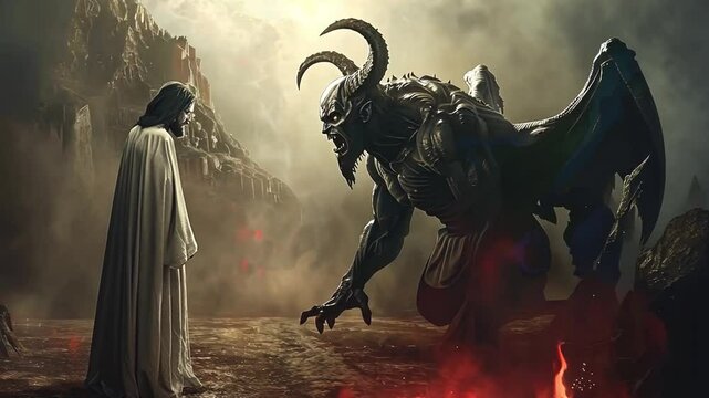 In a dramatic confrontation, a cloaked figure stands resolutely against a towering demon amid a mystical landscape. The atmosphere is tense, highlighting the struggle between light and darkness.