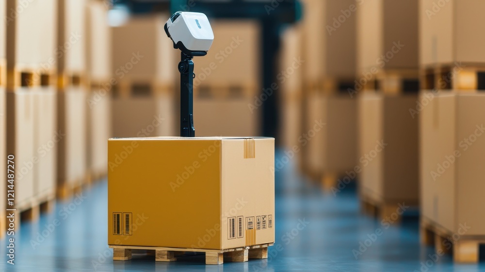 Poster robot assistant navigating between boxes in modern warehouse environment