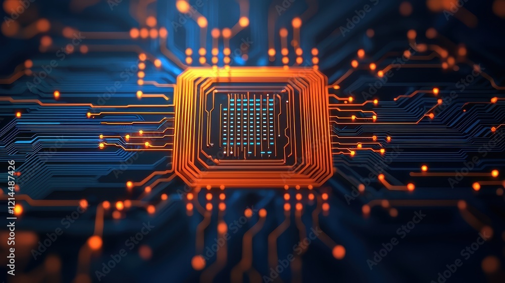 Poster close-up view of a microchip on a circuit board with glowing lights