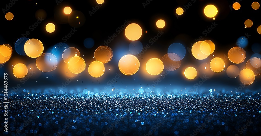 Poster a stunning display of golden and blue bokeh lights sparkling against a dark background, creating a f
