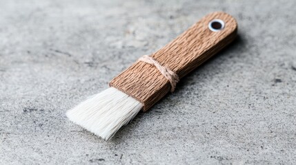 Wooden pastry brush on gray surface. Baking tool. Close-up. Food preparation