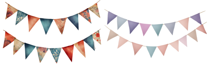 Set of a Colorful bunting flag decorations for a party, isolated on transparent background.