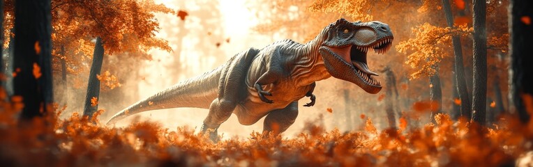 A roaring T-Rex in a forest, merging prehistoric power with nature's vibrancy. Great for entertainment, educational, or adventurous themes.